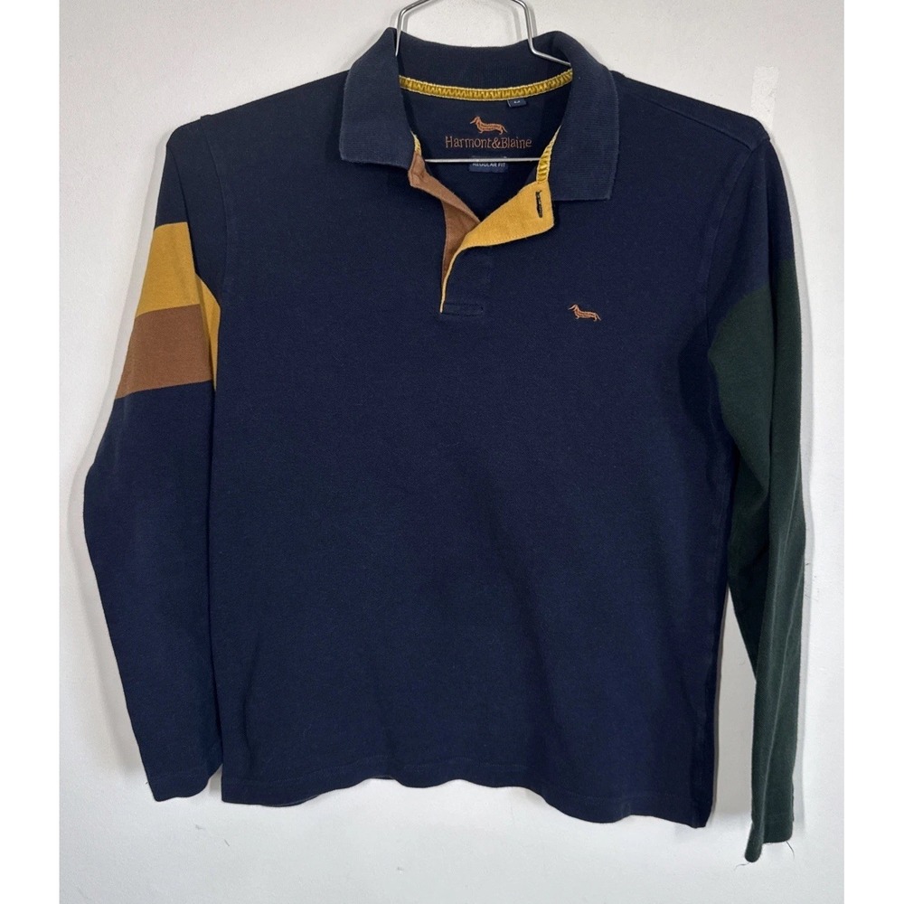 Harmont & Blaine Mens M Long Sleeve Rugby Polo Shirt Striped Cotton Casual